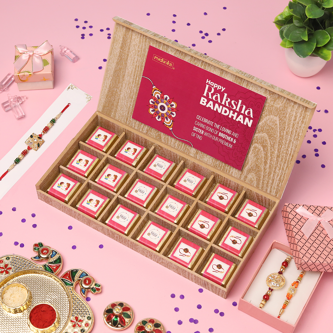 Premium Rakhi With 18 Assorted Chocolates Gift Box