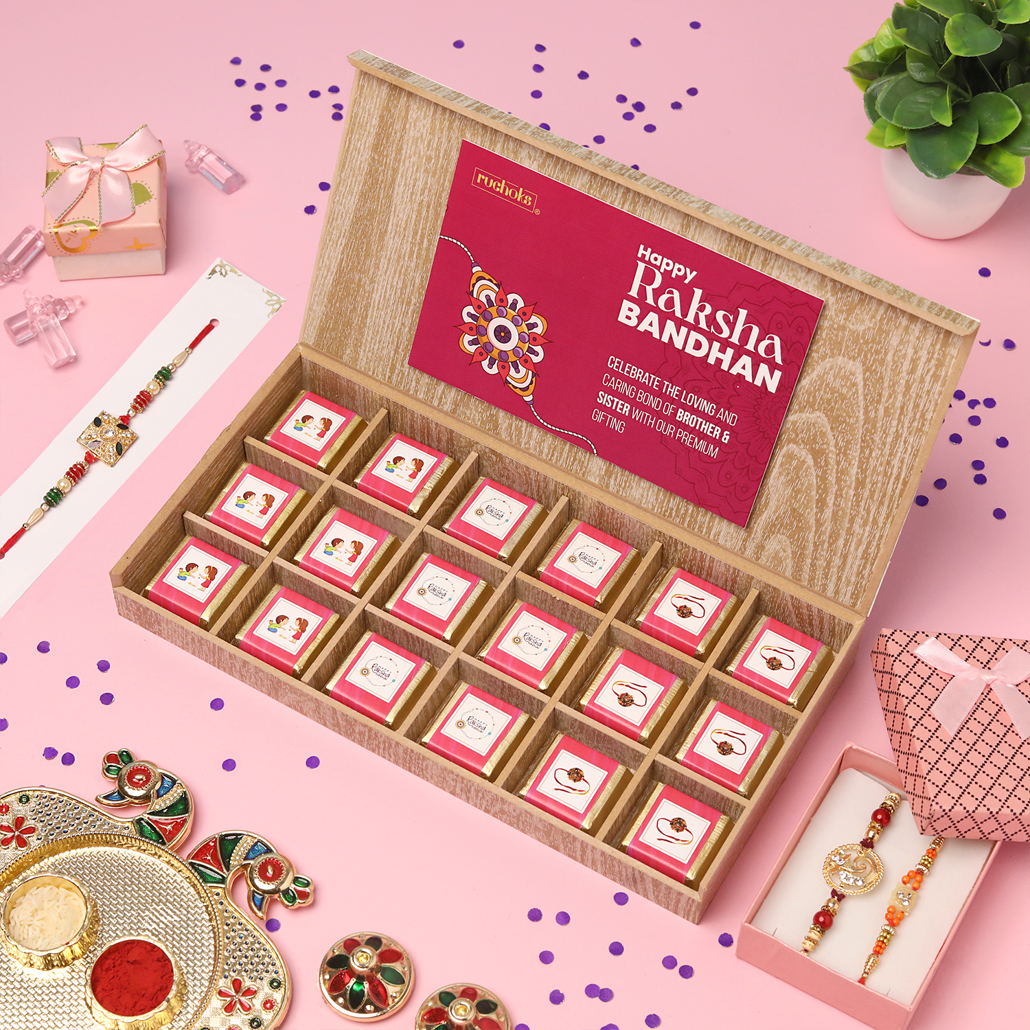Premium Rakhi With 18 Assorted Chocolates Gift Box