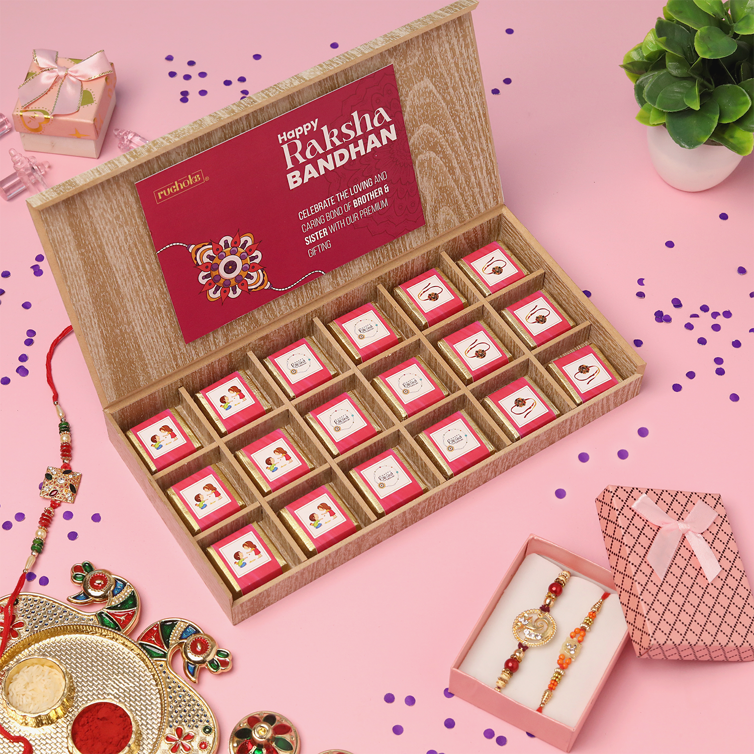 Premium Rakhi With 18 Assorted Chocolates Gift Box