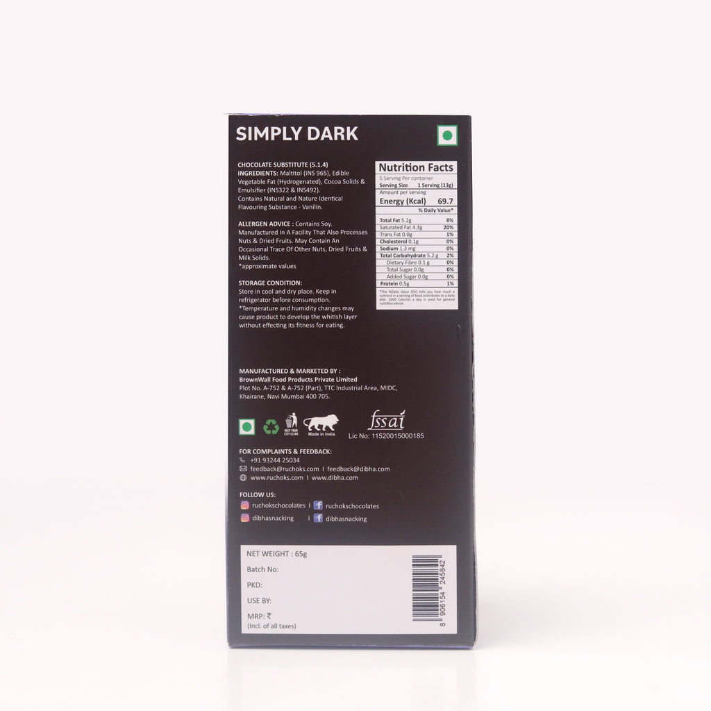 Simply Dark (No Added Sugar) Chocolate Bar