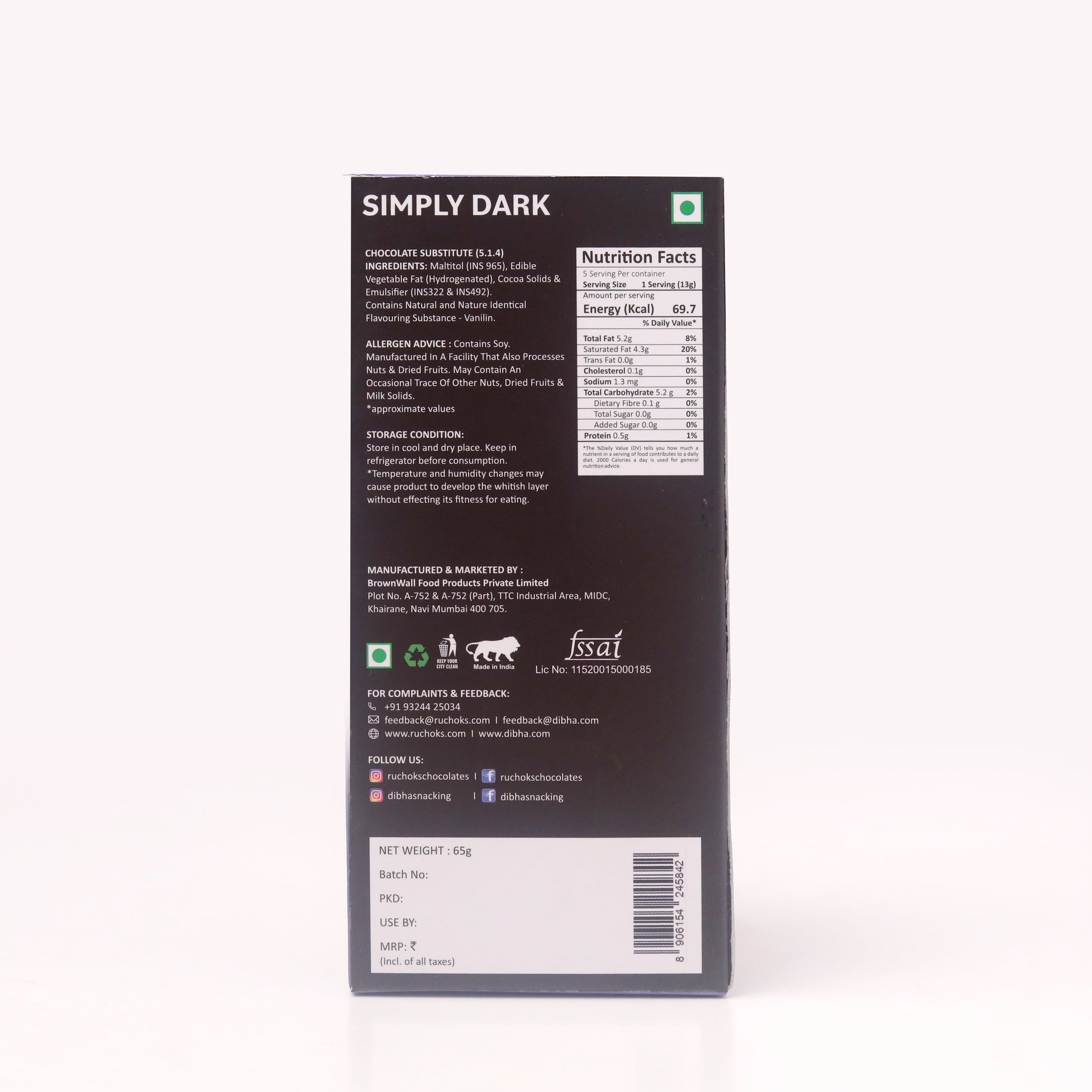 Simply Dark (No Added Sugar) Chocolate Bar
